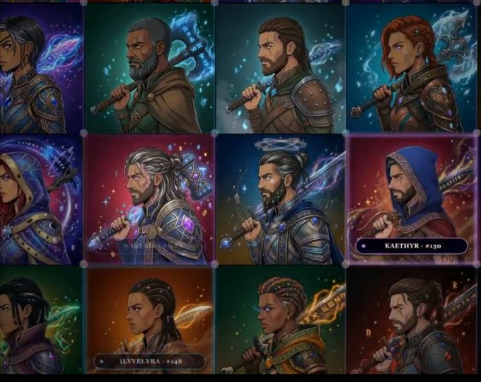 A grid of fantasy character portraits depicting warriors with weapons and magical auras, with usernames like 'KAETHYR · #130' and 'ILVYELVRA · #148' visible.