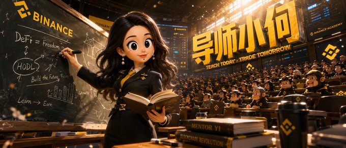 The image features a stylized 3D animated character labeled "MENTOR XIAO HE" and "导师小何" standing before a blackboard with crypto-related text like "BINANCE," "DeFi = Freedom," "HODL," and "Build the Future," alongside the slogans "TEACH TODAY, TRADE TOMORROW" and "BINANCE ACADEMY."

This visual reinforces the post by portraying Mentor Xiao He as a knowledgeable, trustworthy crypto educator, lending credibility to her giveaway announcement and encouraging community members to engage by liking, reposting, and sharing their Binance Wallet addresses for the 1% airdrop.