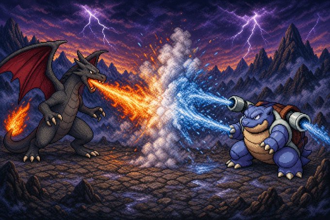 A pixel art illustration depicting a battle between a fire-breathing dark dragon and a Blastoise-like turtle shooting a hydro pump at each other amidst a stormy, mountainous landscape with lightning.