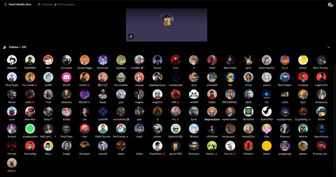 A screenshot of a Discord 'Ticardi Weekly Sync' server showing a video call interface with a small video feed at the top and a grid of numerous user avatars labeled 'Polites - 109'.