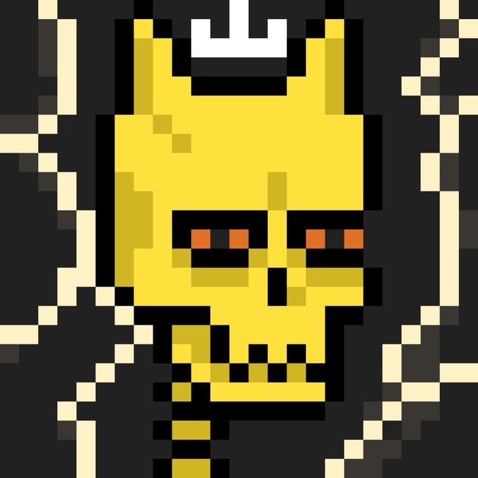 A pixel art image showing a yellow skull-like face with glowing red eyes and a small white crown on its forehead against a dark background.