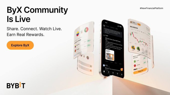 A promotional banner for 'ByX Community Is Live' with the text 'Share. Connect. Watch Live. Earn Real Rewards.' and an 'Explore ByX' button, next to images of mobile app interfaces displaying trading charts and posts.