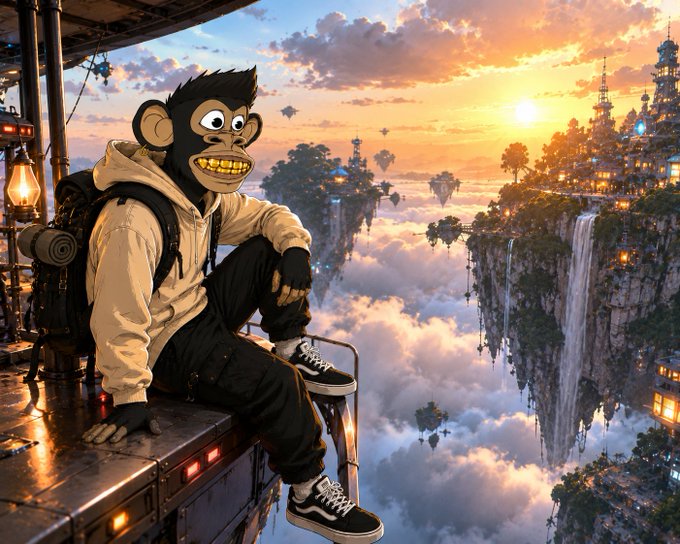 An anthropomorphic chimpanzee wearing a hoodie, black pants, and sneakers sits on a vehicle's edge overlooking a fantastical floating city with waterfalls and sunset skies.