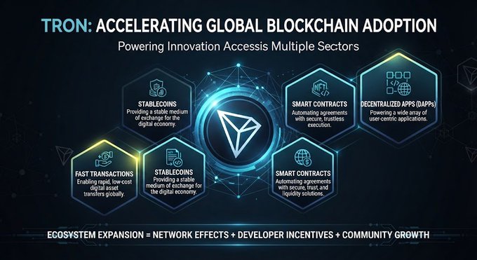 Infographic titled 'TRON: ACCELERATING GLOBAL BLOCKCHAIN ADOPTION' highlighting six pillars including Stablecoins, Smart Contracts, Decentralized Apps (DApps), Fast Transactions, and Stablecoins, with the footer 'ECOSYSTEM EXPANSION = NETWORK EFFECTS + DEVELOPER INCENTIVES + COMMUNITY GROWTH'.