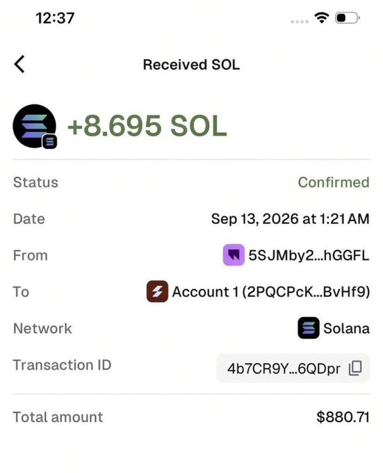 A mobile wallet screenshot showing a confirmed transaction of +8.695 SOL ($880.71) received on the Solana network, dated Sep 13, 2026.