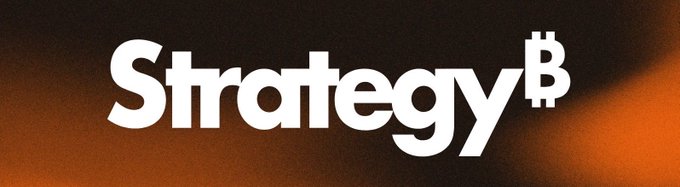 The image displays the "Strategy₿" logo in white text on a dark background with orange highlights, representing MicroStrategy ($MSTR), the company referenced in the post regarding Michael Saylor's Bitcoin acquisition updates and 8-K filings.