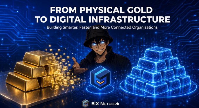 The image is a promotional graphic titled "FROM PHYSICAL GOLD TO DIGITAL INFRASTRUCTURE: Building Smarter, Faster, and More Connected Organizations," featuring an animated character between stacks of physical gold bars and glowing digital blue blocks, with the "SIX NETWORK" logo displayed. It illustrates the post's message about the complexities of tokenizing real-world assets (RWA) like gold, emphasizing that the challenge lies in establishing reliable infrastructure and data about the underlying asset before it can be successfully represented on-chain.
