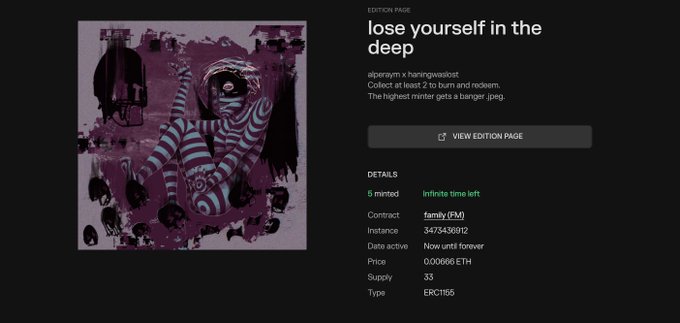 A digital art listing titled 'lose yourself in the deep' by alperaym x hanningwaolost, showing a striped figure in a gas mask against a purple background, with details like 5 minted, contract family (FM), and supply 33.