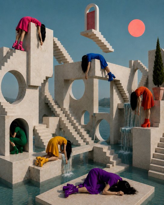 Surreal artwork featuring figures in colorful dresses (pink, blue, orange, yellow, green, purple) positioned on geometric concrete structures with staircases, arches, and waterfalls under a sky with a red sun.