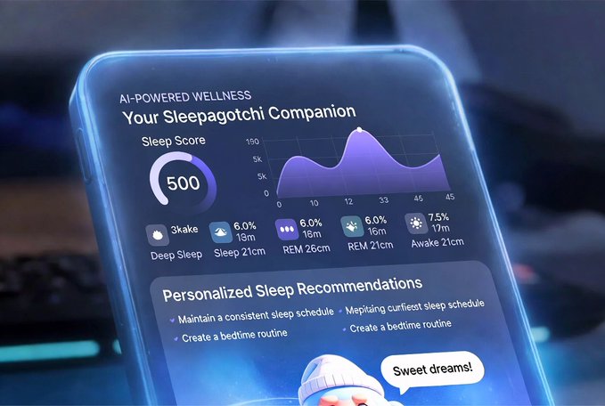 A smartphone displaying an 'AI-Powered Wellness' Sleepagotchi Companion app with a Sleep Score of 500, a purple sleep stage graph, and personalized recommendations like 'Maintain a consistent sleep schedule,' with a 'Sweet dreams!' message from a sleeping character.