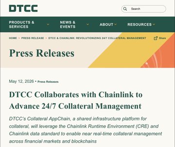A DTCC press release dated May 12, 2026, announcing a collaboration with Chainlink to advance 24/7 collateral management, with the headline "DTCC Collaborates with Chainlink to Advance 24/7 Collateral Management" highlighting the integration of Chainlink's Runtime Environment (CRE) and data standard into DTCC's Collateral AppChain for near real-time collateral management across financial markets and blockchains.