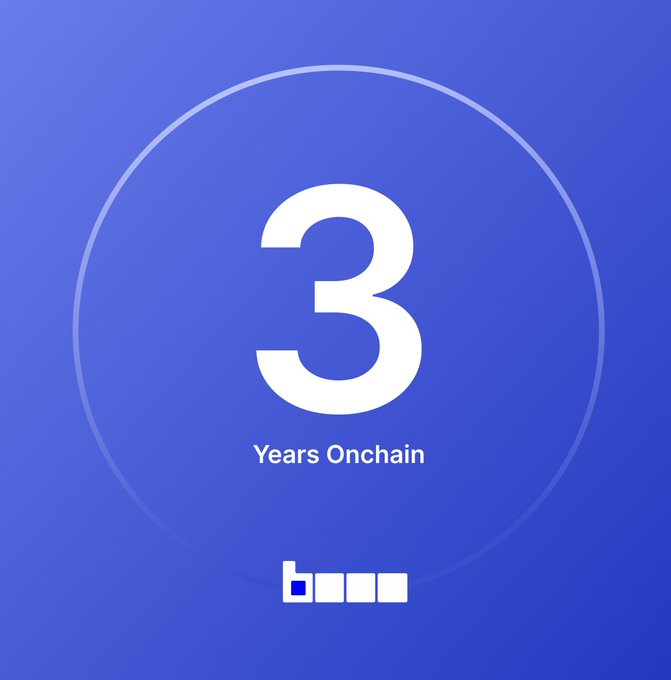 A promotional graphic with a blue gradient background featuring a large white '3' and the text 'Years Onchain' above the 'bmx' logo.