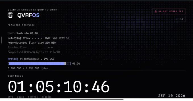 A QVRFOS firmware flashing screen displays progress at 93.0% with a countdown timer reading 01:05:10:46, dated SEP 10 2026.