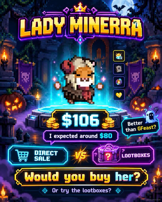 Pixel art promotional image for 'Lady Minerra' featuring a game character on a platform with the price '$106' and text 'I expected around $80', 'Better than GFeast?', 'DIRECT SALE VS LOOTBOXES', and 'Would you buy her?'.