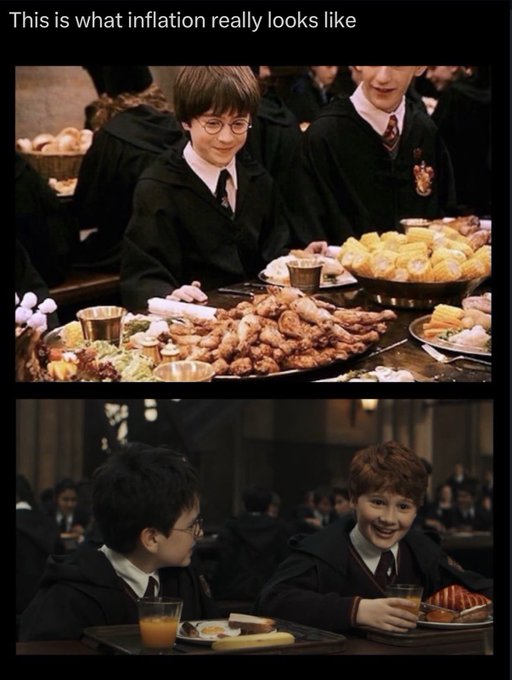 A meme titled 'This is what inflation really like' shows two scenes of children at feasts, the top showing abundant food and the bottom showing sparse portions.