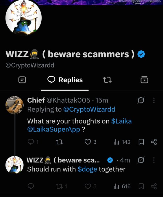 The image shows a Twitter exchange where user @Khattak005 asks @CryptoWizarrd about $Laika $oink SuperApp, and WIZZ responds "Should run with $doge together." This exchange aligns with the accompanying post's suggestion that $LAIKA should rise alongside $DOGE, hinting at upcoming potential endorsement from the crypto influencer.