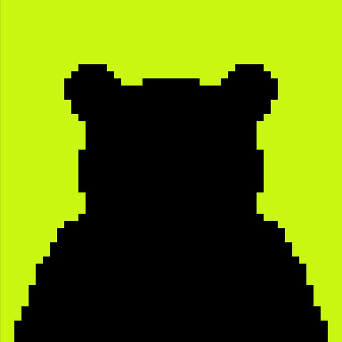 A pixel art style image showing a dark silhouette that resembles a teddy bear against a solid yellow-green background.