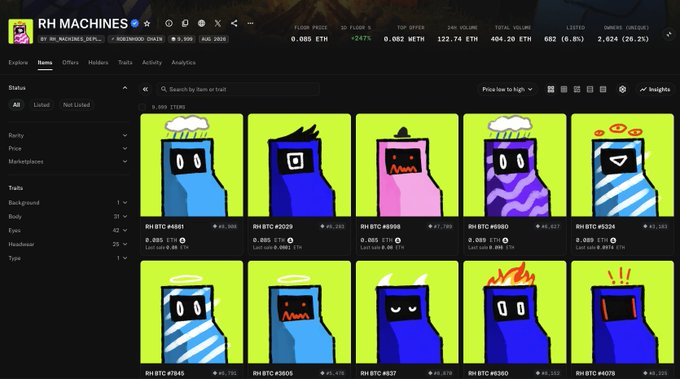 This image displays the "RH MACHINES" NFT collection on OpenSea, featuring various robot-like characters, some with cartoonish designs and humorous elements, which aligns with the user's comment about the current state of the NFT market and their search for interesting projects.
