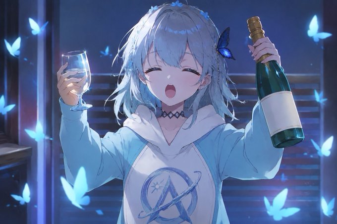 An anime-style character with light blue hair cheers while holding a wine glass and a champagne bottle, surrounded by glowing blue butterflies.