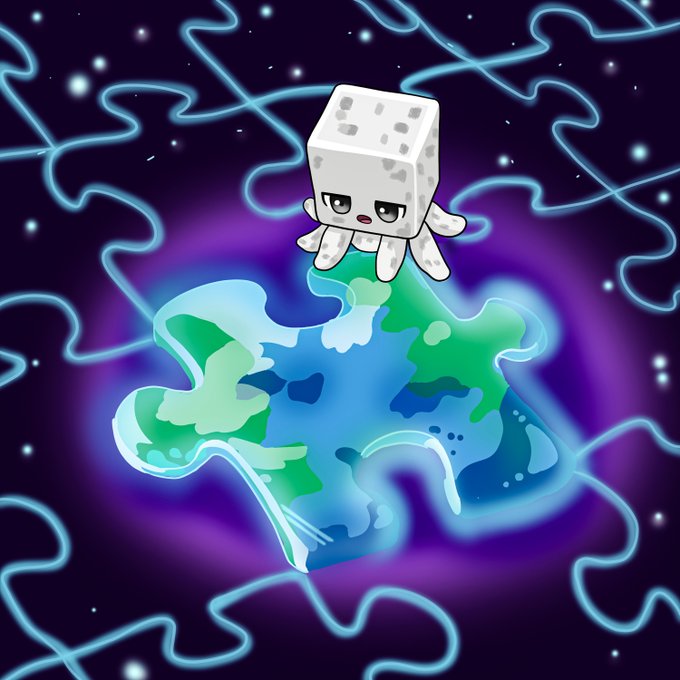 A cute Minecraft Ghast character with a cube-shaped body sitting on a small, stylized Earth surrounded by blue wavy lines and stars against a purple cosmic background.