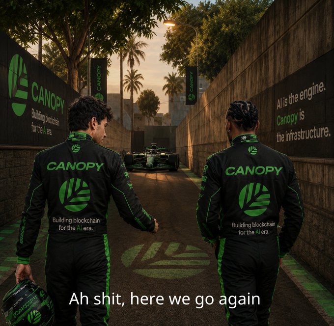 Two people in black and green 'CANOPY' racing suits standing with their backs to the camera, looking at a green race car on a track, with the text 'Ah shit, here we go again' at the bottom.