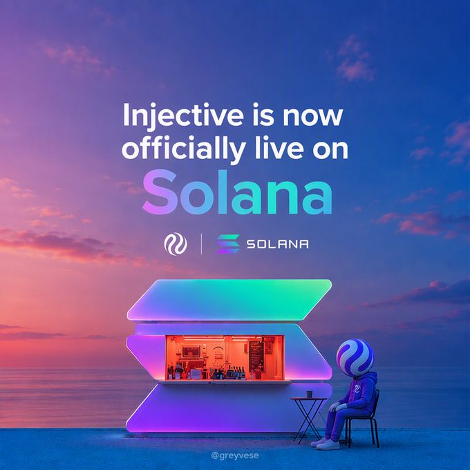 A promotional graphic reading 'Injective is now officially live on Solana' with logos for both projects, depicting a stylized Solana figure sitting at a table next to a futuristic container structure by the ocean at dusk.