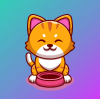 A small pixel-art icon depicts an orange cat (maneki-neko style) with a raised paw, sitting on a red base against a blue gradient background.