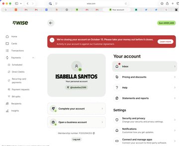 A screenshot of a Wise account dashboard showing "ISABELLA SANTOS" as the personal account holder with an email @ginabelia2046, and two action buttons to "Complete your account" and "Open a business account," indicating the user is trying to set up a business account in order to receive fiat payments.