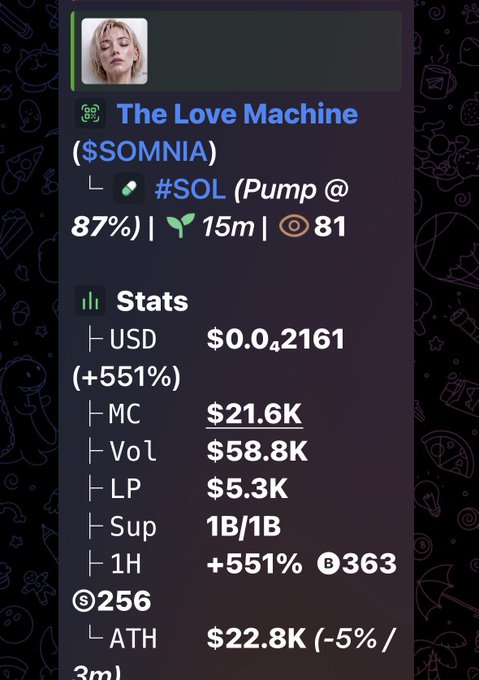 A cryptocurrency tracking screen showing token stats for 'The Love Machine ($SOMNIA)' with metrics including USD price ($0.042161, +551%), MC ($21.6K), Vol ($58.8K), LP ($5.3K), and 1H performance.