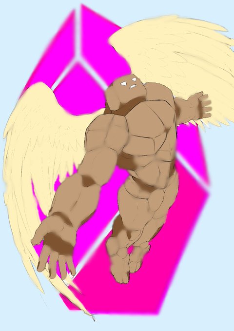 A simple digital drawing of a muscular, brown, blocky humanoid figure with large, pale yellow wings, posed dynamically in front of a bright pink geometric shape.