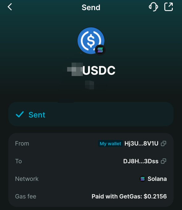 A mobile wallet confirmation screen showing a successful USDC transfer on the Solana network, with a "Sent" status, sender wallet "HJ3U...8V1U" sending to recipient "DJ8H...3Dss," and a gas fee of $0.2156 paid via GetGas—supporting the post's claim of sending crypto to others.