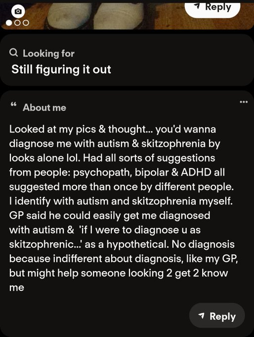 A screenshot of a social media profile page showing an 'About me' section where someone discusses being diagnosed with autism and skitzophrenia by various people, with a 'Reply' button visible.