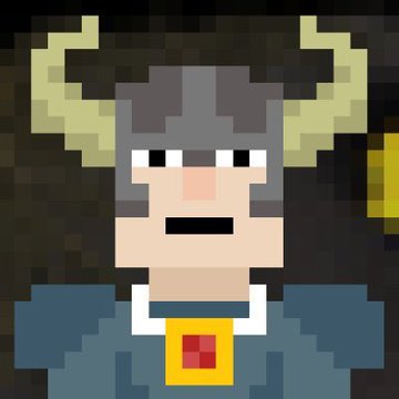 A pixel art character portrait showing a bearded figure wearing a horned helmet and a blue tunic with a red and gold emblem on the chest.