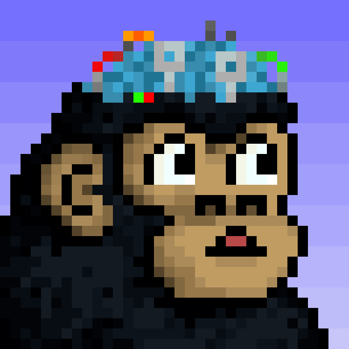 A pixel art portrait of a chimpanzee with pixelated text reading 'CRYPTO NFT' in blue, red, and green blocks floating above its head.