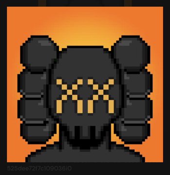 A pixel-art portrait shows a dark figure wearing a mask made of glowing yellow vertical bars against a solid orange background.