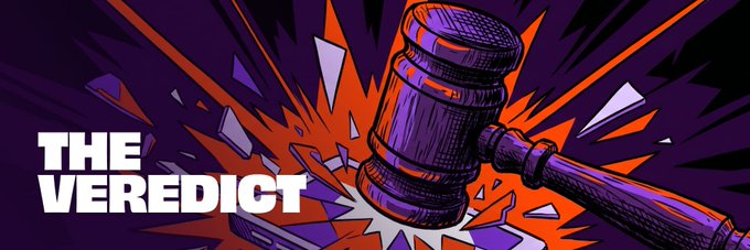 The image is a banner with a pop-art style illustration of a judge's gavel striking down against a vibrant orange and purple explosive background, with the text "THE VERDICT" prominently displayed in white on the left side. The post about the Play-to-Earn (P2E) model being "COOKED" aligns with the imagery, as the gavel symbolizes the final judgment being delivered on the once-promising crypto gaming model, including projects like Axie Infinity.