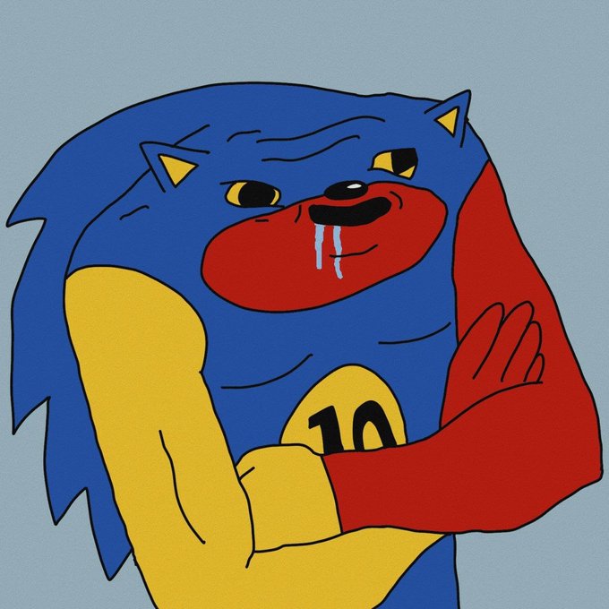 A colorful cartoon illustration of a muscular, Sonic-the-Hedgehog-like blue anthropomorphic creature with red mouth and arms, drooling, with a yellow chest plate reading '10'.