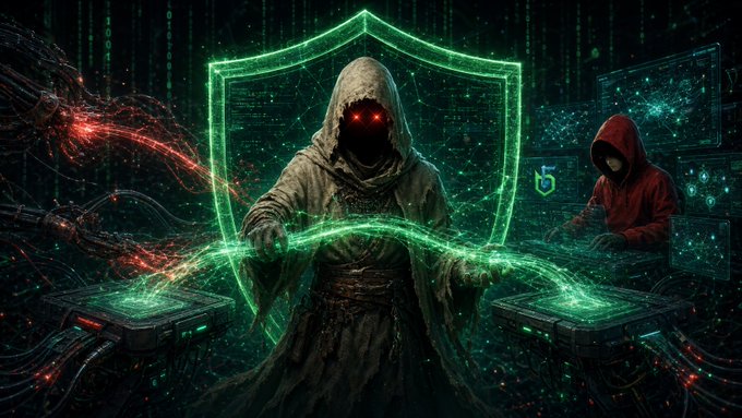 A hooded figure with glowing red eyes stands within a luminous green digital shield, channeling streams of emerald data between two tech interfaces while a second cloaked hacker works terminals in the background—visually echoing the post's theme of secure, seamless cross-chain bridging by portraying the trusted gatekeeper enabling smooth BDX transfers between chains without the typical friction of older bridges.