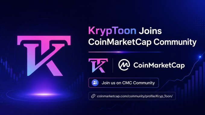 A promotional graphic with a dark blue and purple gradient background features the "K" KrypToon logo alongside the CoinMarketCap logo, with the headline "KrypToon Joins CoinMarketCap Community" and a call-to-action button directing them to coinmarketcap.com/community/profile/Kryp_Toon/. The image visually reinforces the announcement of KrypToon's official presence on the CMC Community platform.