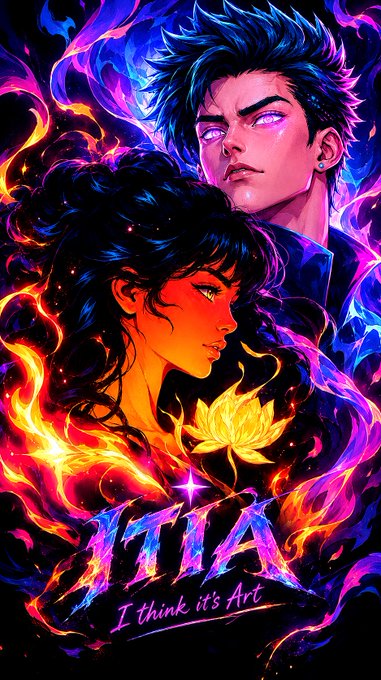 Anime-style artwork of a male and female character surrounded by flames and purple energy, with the text 'JITHA - I think it's Art'.