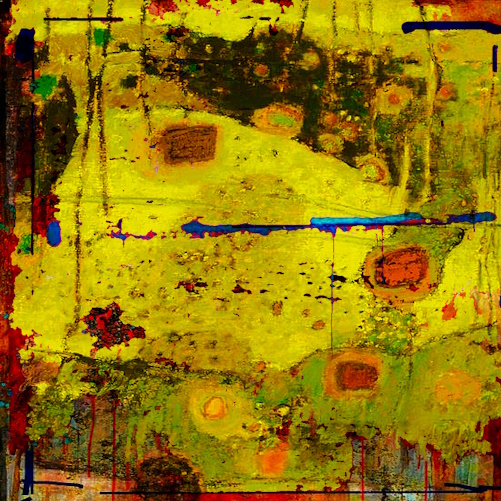 The image features a painting with yellow, green, red, and blue colors that appear to be splattered or dripped onto each other. The background of the painting has a rough texture, giving it an abstract appearance. The painting seems to depict a landscape scene, possibly featuring trees and hills. The post reads "10:50-6/7 umi dai", which could potentially be a reference to the artist's name or the time when the artwork was created.

The image is described as being blurry, which might make it difficult to discern specific details about the painting. However, the overall impression of the scene depicted in the painting is that of an abstract landscape with splattered colors and rough textures.