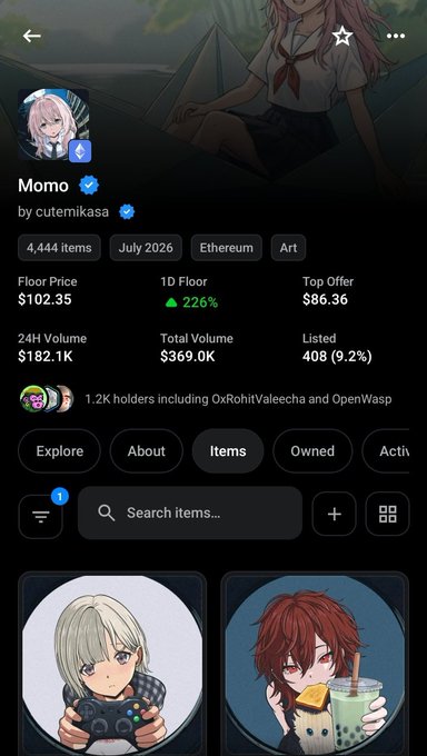 An OpenSea profile page for the 'Momo' NFT collection by cutemikasa on Ethereum, showing 4,444 items with a floor price of $102.35.