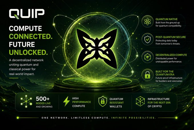 A promotional graphic for 'QUIP' advertising decentralized compute with the tagline 'COMPUTE CONNECTED. FUTURE UNLOCKED.', highlighting features like quantum-native, post-quantum secure, and decentralized compute, with '500+ NODES LIVE AND GROWING.'