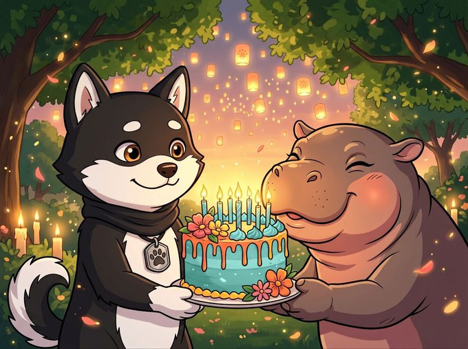 An illustration of a husky dog and a hippo celebrating with a birthday cake with lit candles in a forest setting with floating lanterns and a sunset sky.