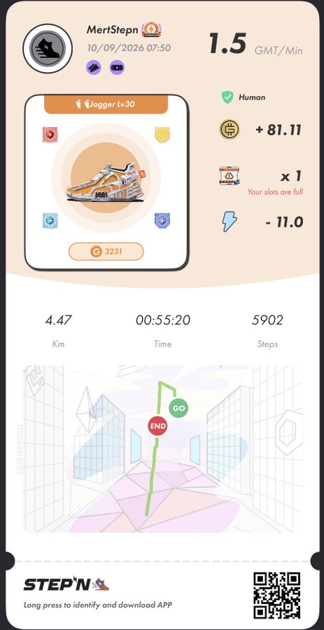 A digital receipt or app screenshot for a 'STEPN' move-to-earn platform shows activity from 'MertStepn' dated 10/09/2026. It displays 4.47 km, 5902 steps, and earnings of +81.11 GMT with a 'Jogger Lv30' sneaker.