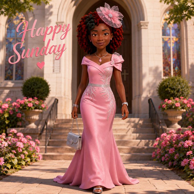 A 3D-rendered woman in an elegant pink off-shoulder gown stands in front of a church with pink flowers, with 'Happy Sunday' and a heart displayed on the left.