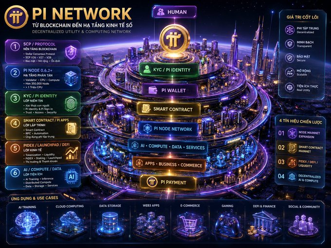 A detailed infographic for 'PI NETWORK' titled 'TỪ BLOCKCHAIN ĐẾN HẠ TẦNG KINH TẾ SỐ / DECENTRALIZED UTILITY & COMPUTING NETWORK' showing layers including KYC/PI IDENTITY, PI WALLET, SMART CONTRACT, PI NODE NETWORK, PI PAYMENT, and sections for Ứng dụng & use cases like AI Training, Cloud Computing, and Data Storage.