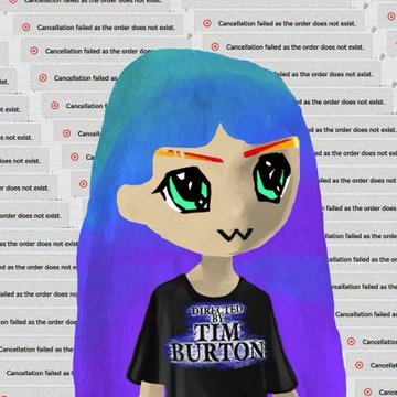 An anime-style character with long blue-to-purple gradient hair and green eyes wearing a black shirt that reads "TIME BURTON," standing against a background filled with error messages stating "Cancellation failed as the order does not exist."