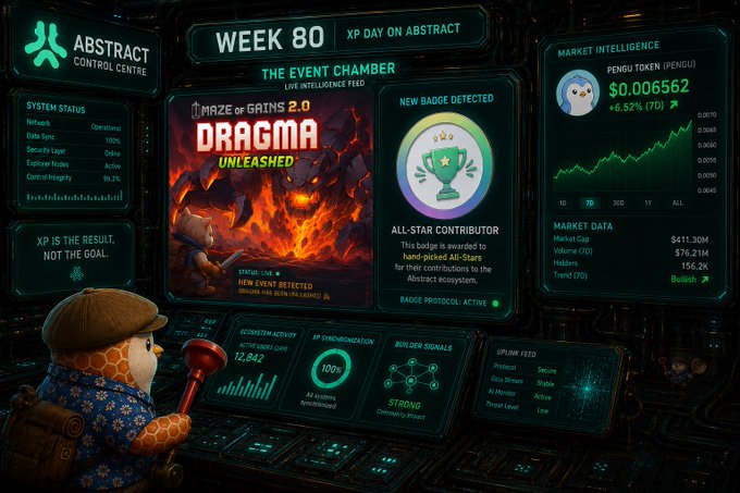 A futuristic 'Abstract Control Centre' dashboard for Week 80, highlighting the 'Maze of Grains 2.0 DRAGMA Unleashed' event, an 'All-Star Contributor' badge, and market data for the PENGU token.