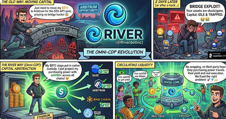 An illustrated infographic comic titled 'THE OMNI-CDP REVOLUTION' by River, depicting scenes of asset bridging, capital abstraction, and liquid staking.